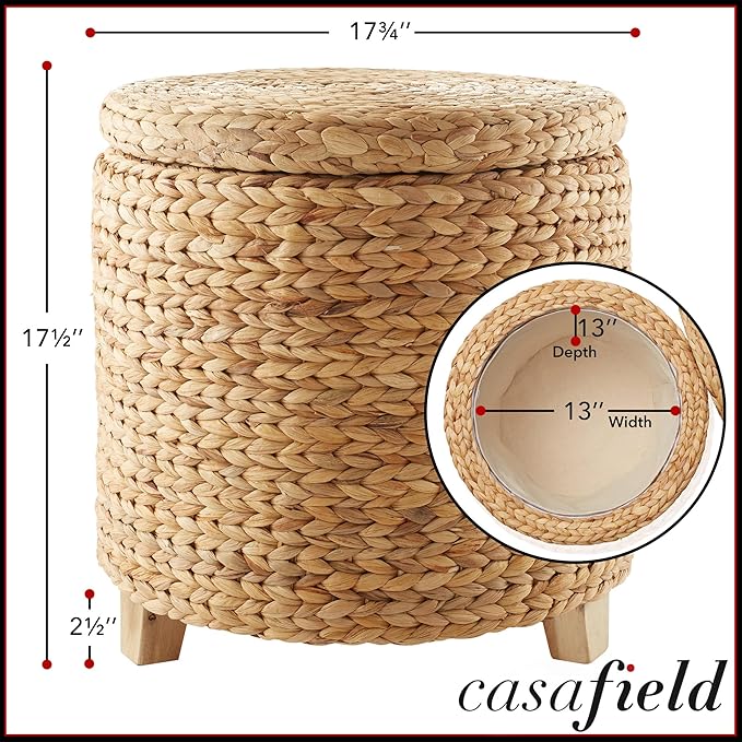 Casafield 17" Round Storage Ottoman with Lid - Natural, Handwoven Water Hyacinth Footstool for Living Room, Bedroom, Bathroom, Home Office