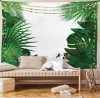 Ambesonne Leaf Tapestry Queen Size, Exotic Fantasy Hawaiian Tropical Palm Leaves Floral Graphic Art Print, Wall Hanging Bedspread Bed Cover Wall Decor, 88" X 88", Green White