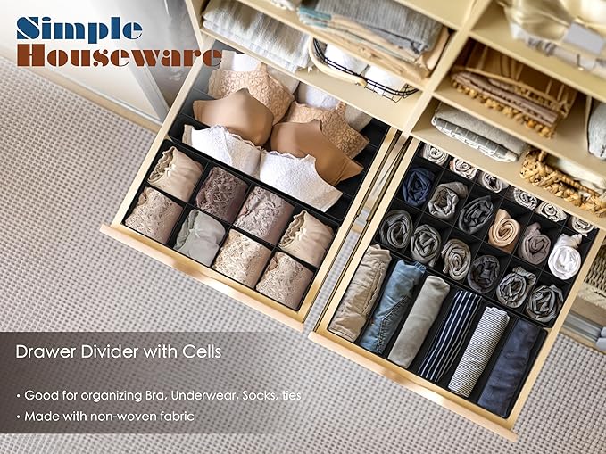 Simple Houseware 4-Pack Drawer Organizer Set - Closet Dividers for Underwear, Socks, Bras, Scarves, Ties - Foldable Non-Woven Storage Boxes, Black