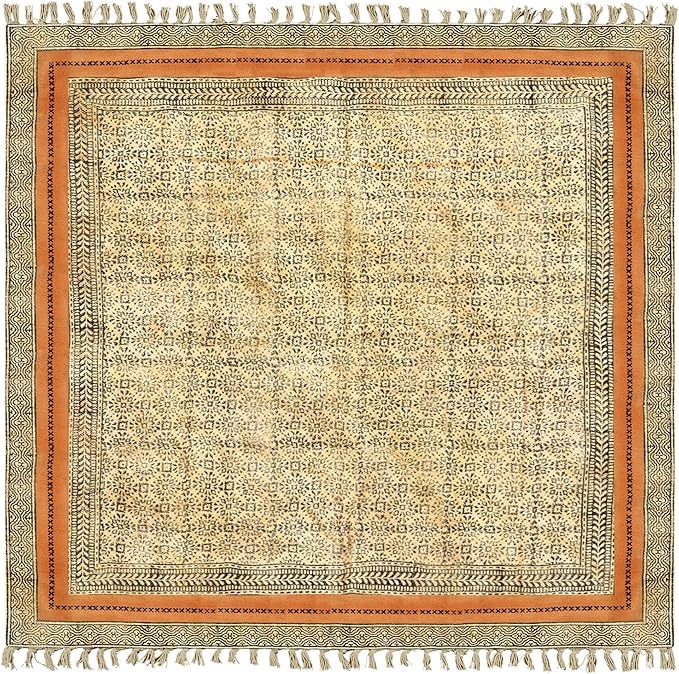 Area Rug 3' Square Rug Bronze & Black Cotton Dhurrie Oriental Thick 0.19 inches Stone Easy Washable Rug Hand Wash Cotton Carpet Flatweave Rug Indoor Outdoor Rugs for Kitchen, Bedside, Enterway