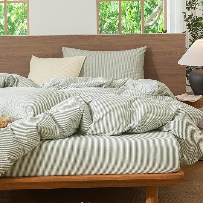 MooMee Striped Duvet Cover Set 100% Washed Cotton Linen Like Textured Breathable Durable Soft Comfy (Sage Green White Pinstripes, Queen 90"x90")