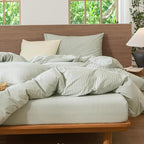 MooMee Striped Duvet Cover Set 100% Washed Cotton Linen Like Textured Breathable Durable Soft Comfy (Sage Green White Pinstripes, Super King 108"x98")