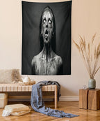 Ambesonne Zombie Tapestry Queen Size, Unusual Scream Monster Woman with Empty Eyes Looking up Horror Picture Design, Wall Hanging Bedspread Bed Cover Wall Decor, Queen Size, Black and White