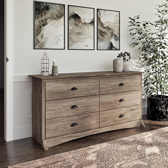 Prepac Sonoma 6-Drawer Double Dresser for Bedroom, Wide Chest of Drawers, Traditional Bedroom Furniture, 59" wide x 17.5" deep x 29" tall, Drifted Gray
