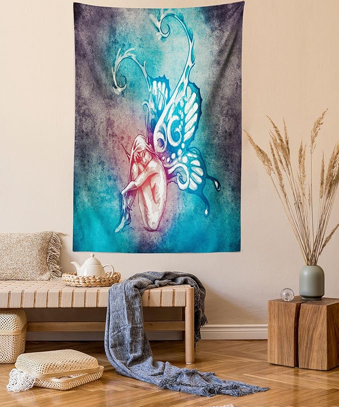 Ambesonne Butterfly Tapestry, with Butterfly Wings Renewal Female Rebirth Psyche Lightness of Being, Fabric Wall Hanging Decor for Bedroom Living Room Dorm, 30" X 45", Blue Purple