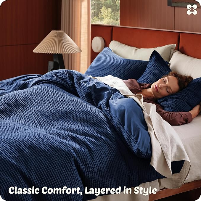 Bedsure Cotton Duvet Cover Set - 100% Cotton Waffle Weave Navy Duvet Cover California King, GentleSoft™ and Breathable Cal King Bedding Set for All Season, 3 Pieces, 104"x98"
