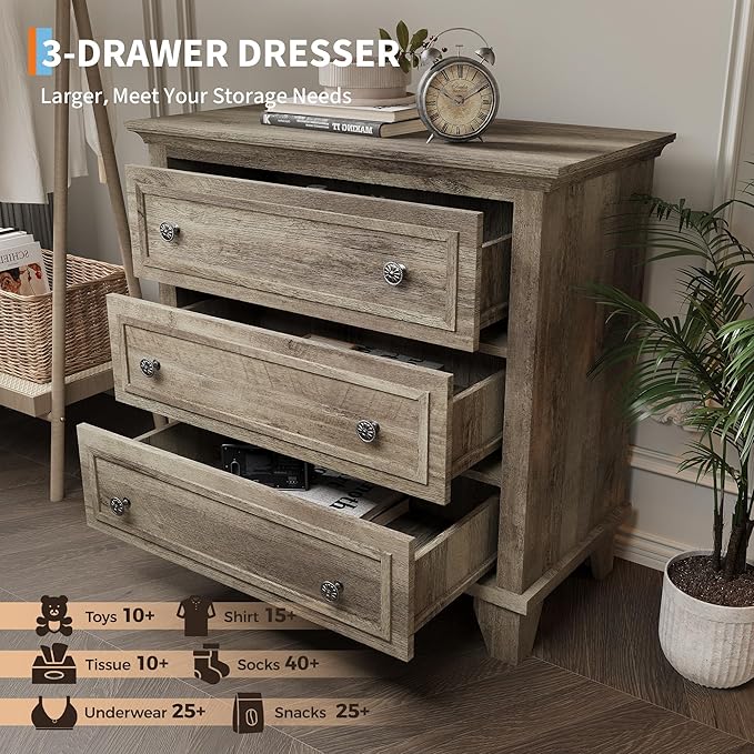 GarveeHome Grey 3 Drawer Dresser for Bedroom, Wide Chest of Drawers with Vintage Handle, Wood Dresser Wide Nightstand for Living Room