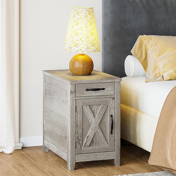 IRONCK End Table with Charging Station, Narrow Side Table for Living Room, Farmhouse Night Stand for Bedroom, Bedside Table with Storage and Drawer for Home, Beige Maple