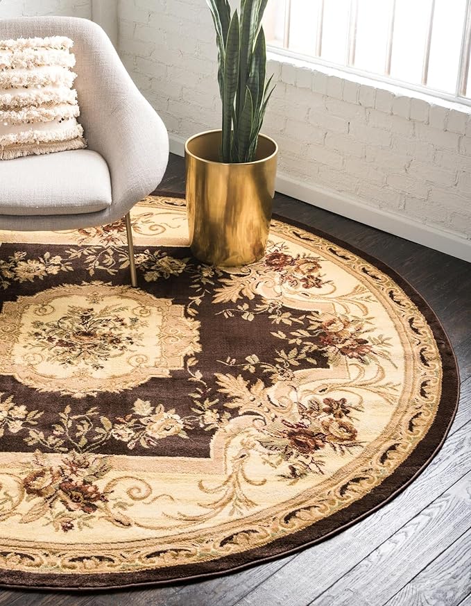 Rugs.com Chateau Collection Rug – 6 Ft Round Brown Medium Rug Perfect for Kitchens, Dining Rooms