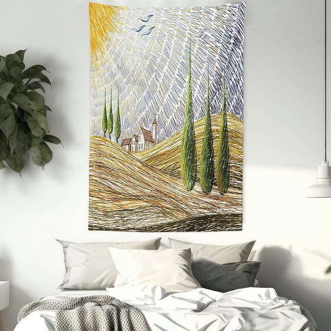 Ambesonne Italian Tapestry Twin Size, Van Gogh Style Italy Valley Rural Fields European Scenery Painting Print, Wall Hanging Bedspread Bed Cover Wall Decor, 68" X 88", Tan Blue Green