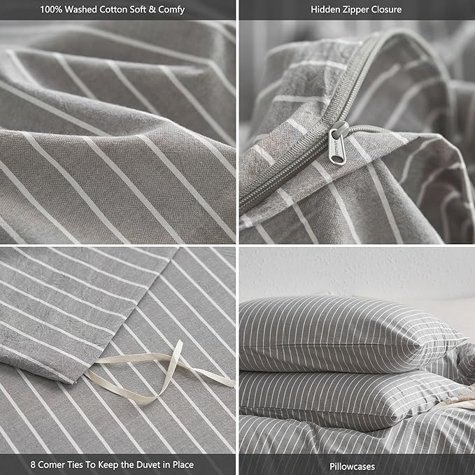 MooMee Striped Duvet Cover Set 100% Washed Cotton Linen Like Textured Breathable Durable Soft Comfy (Light Grey White Wide Stripes, Cal King 104"x98")