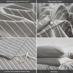 MooMee Striped Duvet Cover Set 100% Washed Cotton Linen Like Textured Breathable Durable Soft Comfy (Light Grey White Wide Stripes, Super King Plus 120"x120")