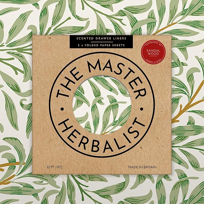 The Master Herbalist Fragrant Scented Drawer Liners in a William Morris Inspired Design | Pack of 5 Sheets | Contains Essential Oils | Made in The UK (Sandalwood)