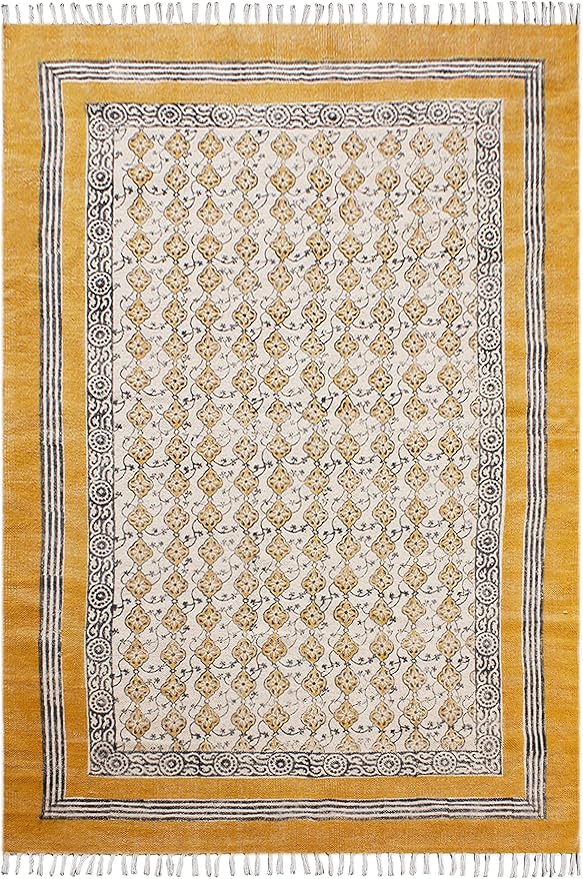 Area Rug 10x16 Kilim Rug Yellow & Beige Cotton Dhurrie Oriental Thick 0.19 inches Stone Easy Washable Rug Hand Wash Cotton Carpet Flatweave Rug Indoor Outdoor Rugs for Living Room, Bedroom