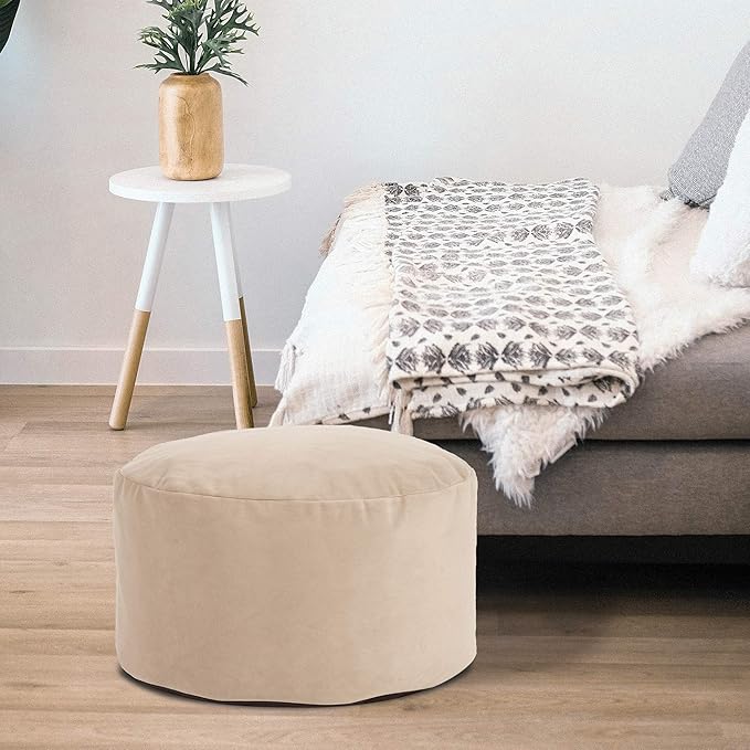 Howard Elliott Round Pouf Ottoman Foot Rest With Cover, Round Stuffed Foot Stool Filled with Polyester Fiber, Fluffy Comfortable Soft Seating for Living Room & Bedroom, 22 x 22 x 12 Inch, Bella Sand