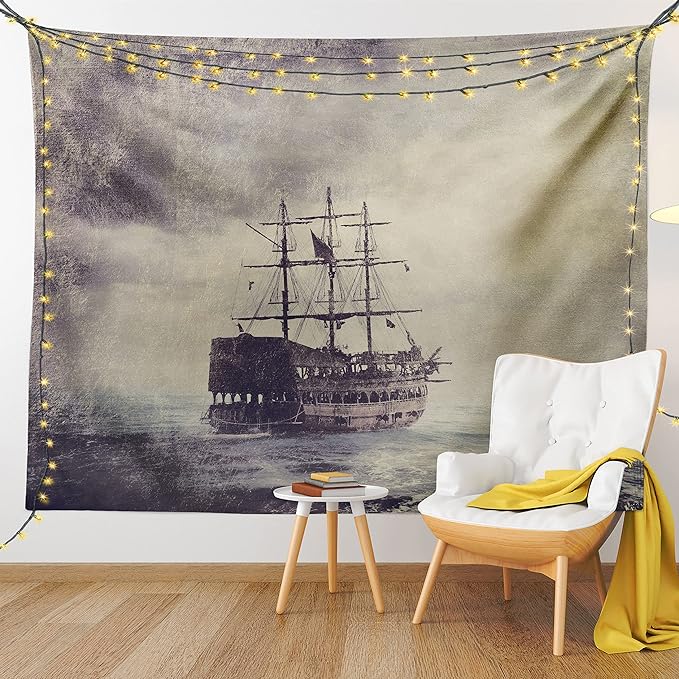Ambesonne Nautical Tapestry, Old Pirate Ship in the Sea Historical Cruise Retro Voyage Grunge Style Art, Fabric Wall Hanging Decor for Bedroom Living Room Dorm, 30" X 45", Tan Plum