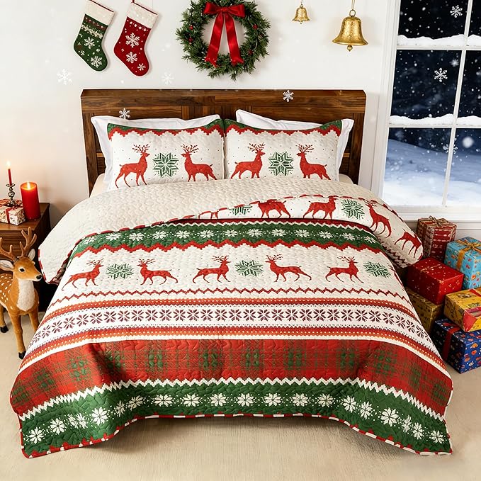 Whale Flotilla Christmas Quilts Queen Size, Soft Boho Floral Bedspreads for Bed Reversible Lightweight Full Queen Quilt Bedding Set Coverlets with 2 Pillow Shams for All Seasons, Happy Snowflake