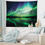 Ambesonne Iceland Tapestry King Size, Aurora Borealis View over Lake Thingvellir National Park Nature Print, Wall Hanging Bedspread Bed Cover Wall Decor, 104" X 88", Sea Green and Night Blue