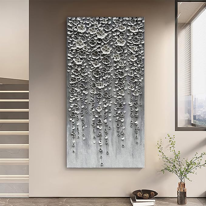Epicler Modern Art Oil Painting,46x23 inches White Flower Wall Art Painting, Abstract Canvas Wall Art for Home Wall Decoration