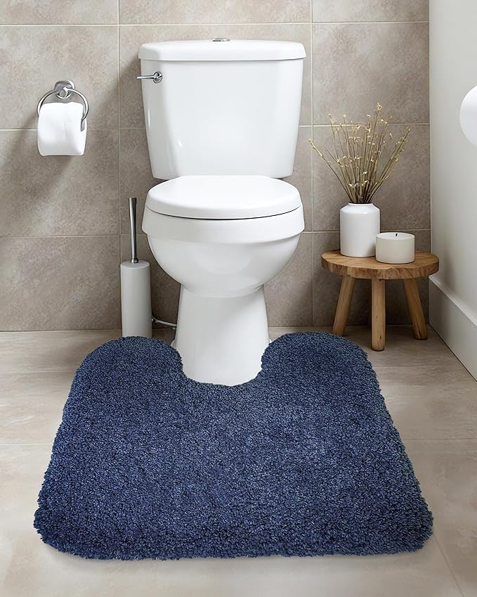 ILANGO Navy Blue Toilet Rugs U Shaped 22" × 24" Non Slip & Super Absorbent Extra Thick Soft, Washable Bath Mats for Bathroom Floor, Microfiber Plush Shaggy Contour Bath Rugs for Toilet,Dry Quick
