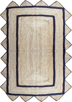 Scalloped Edge Rug, Hand Woven Natural Jute Area Rug, 8x10 Ft Beige & Black Braided Sisal Kilim Rugs for Living Room, Kitchen, Entryway, Farmhouse