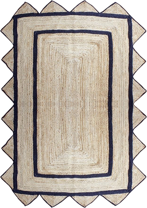 Scalloped Edge Rug, Hand Woven Natural Jute Area Rug, 3x5 Ft Beige & Black Braided Sisal Kilim Rugs for Living Room, Kitchen, Entryway, Farmhouse