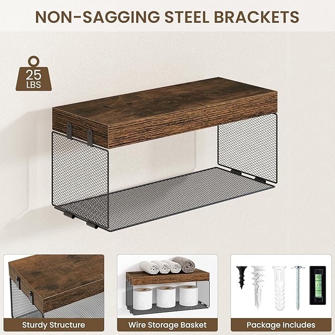 Bathroom Floating Shelves for Wall,16 inch Wall Mounted Floating Shelf Toilet Organizer and Storage,Small Farmhouse Decor Shelf,Rustic Brown,Set of 3
