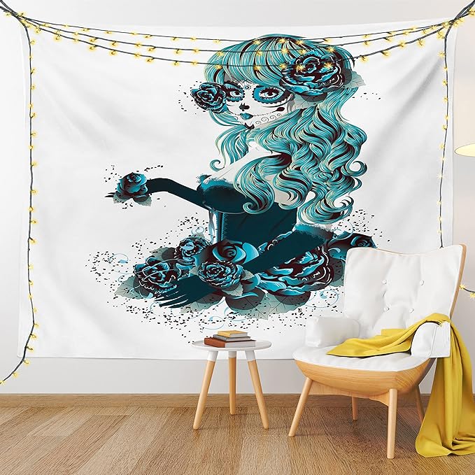 Ambesonne Skull Tapestry Queen Size, Vintage Sugar Shape Girl Day of the Dead Bride Dark Color Roses Graphic, Wall Hanging Bedspread Bed Cover Wall Decor, 88" X 88", Petrol Blue White