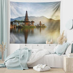 Ambesonne Balinese Tapestry King Size, Pura Ulun Danu Building Panorama Sunrise on Lake Bratan Bali Indonesia Waterscape, Wall Hanging Bedspread Bed Cover Wall Decor, 104" X 88", Beige Brown