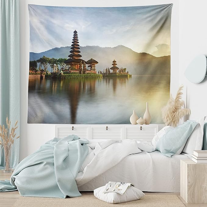 Ambesonne Balinese Tapestry King Size, Pura Ulun Danu Building Panorama Sunrise on Lake Bratan Bali Indonesia Waterscape, Wall Hanging Bedspread Bed Cover Wall Decor, 104" X 88", Beige Brown
