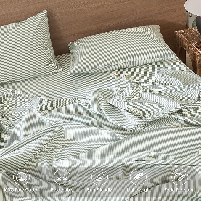 MooMee Striped Duvet Cover Set 100% Washed Cotton Linen Like Textured Breathable Durable Soft Comfy (Sage Green White Pinstripes, Cal King 104"x98")