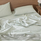 MooMee Striped Duvet Cover Set 100% Washed Cotton Linen Like Textured Breathable Durable Soft Comfy (Sage Green White Pinstripes, King 104"x90")