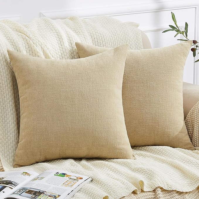 GAWAMAY Decorative Square Throw Pillow Covers 18"x18" Inch Set of 2, Super Soft Chenille Pillows Cover Fall Pillowcase for Living Room Bedroom Sofa Couch Cushion Cover Khaki 45x45cm (No Insert)