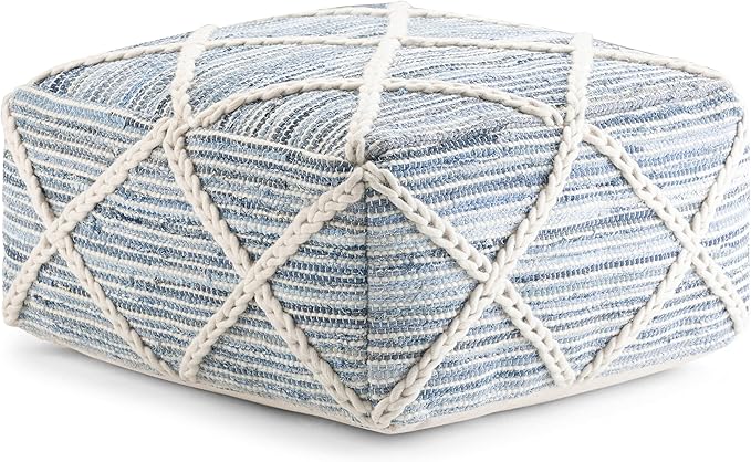 SIMPLIHOME Cowan Square Pouf - 20 inch Wide Handloom Woven Wool and Cotton Ottoman in Blue and Natural, Contemporary Footstool or Extra Seating for Living Room, Bedroom, or Kids Room, Assembled