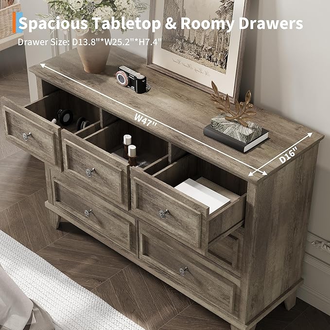 GarveeHome Grey Dresser for Bedroom, 7 Drawer Dresser, Wooden Chest of Drawers with Deep Drawers, 47 in Long Dressers TV Stand, Modern Dressers Organizer with Vintage Handle for Living Room, Hallway