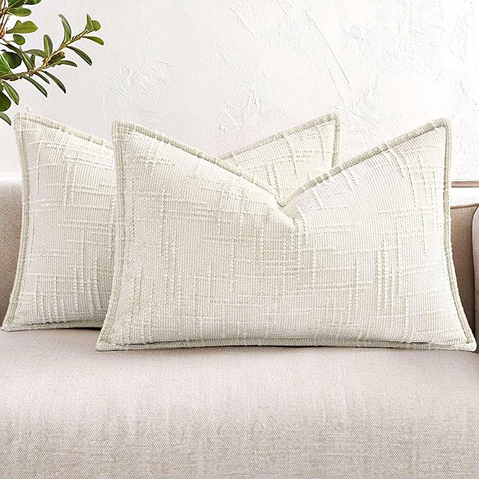 decorUhome Chenille Spring Throw Pillow Covers 12x20 Set of 2, Thick Textured Slubby Neutral Decorative Pillow Covers with Elegant Design for Couch, Sofa, Living Room, Cream White