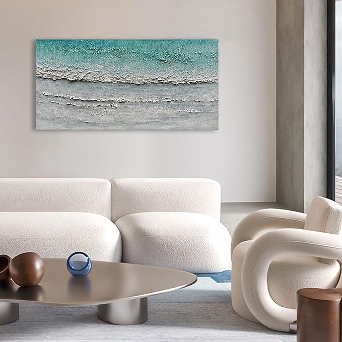 Art Hand-Painted Blue and White Ocean Landscape Oil Painting Modern Abstract Canvas Art Home Wall Decoration 24x48 inches