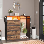 Dresser for Bedroom with Clothes Rack Side Pockets 5 Drawer Dresser with Charging Station LED Lights Black Storage Chest of Drawers for Hallway Closet Sturdy Steel Frame Wood Top (Brown)