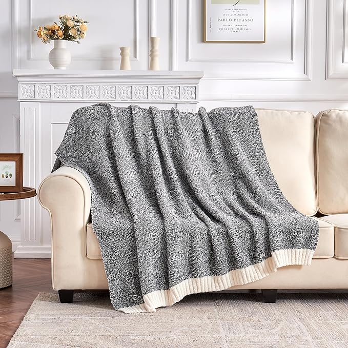 CozeCube Super Soft Fullfy Microfiber Reversible Knitted Blankets, Warm Cozy Fuzzy Plush Throw, Black and White Melange Throw Blanket for Couch Bed Sofa, 50" x 60"