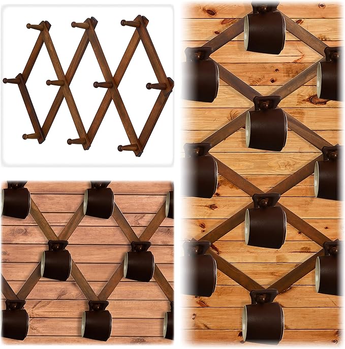 Dseap Accordian Wall Hanger: 16” High Wooden Wall Expandable Coat Rack, Hat Rack Holder, Accordion Hook for Baseball Caps, Coats, Mugs, 10 Peg Hooks, Brown