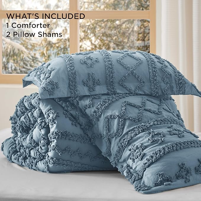 Bedsure Tufted Boho Comforter Set Queen Size - Dusty Blue Boho Bed Set, GentleSoft™ 3 Pieces Farmhouse Shabby Chic Embroidery Bedding, Gifts for Woman, Soft Jacquard Queen Comforter for All Seasons