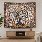 Lunerfex Folk Art Wall Tapestry - Tree of Life with Sun and Bird Wall Hanging for Bedroom and Living Room - Boho Floral Tapestries 60"x44"