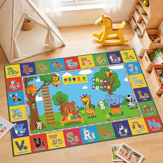 Upgrade Ultra Non Slip Kids ABC Rug for Kids Playroom – 5x8 Washable Alphabet Educational Learning Play Mat for Toddlers Baby, Colorful Carpet with Animals for Nursery, Classroom & Bedroom, 60"x96"