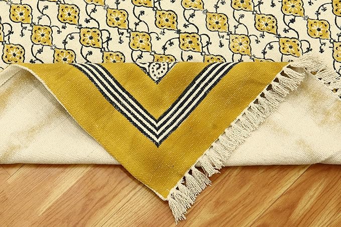 Kilim Runner 5x10 Cotton Runner Rug Yellow & Beige Indoor Outdoor Runner 0.19 inches Stone Easy Washable Hand Wash Cotton Carpet Flatweave Runner Rugs for Hallway, Staircases, Corridor Runner