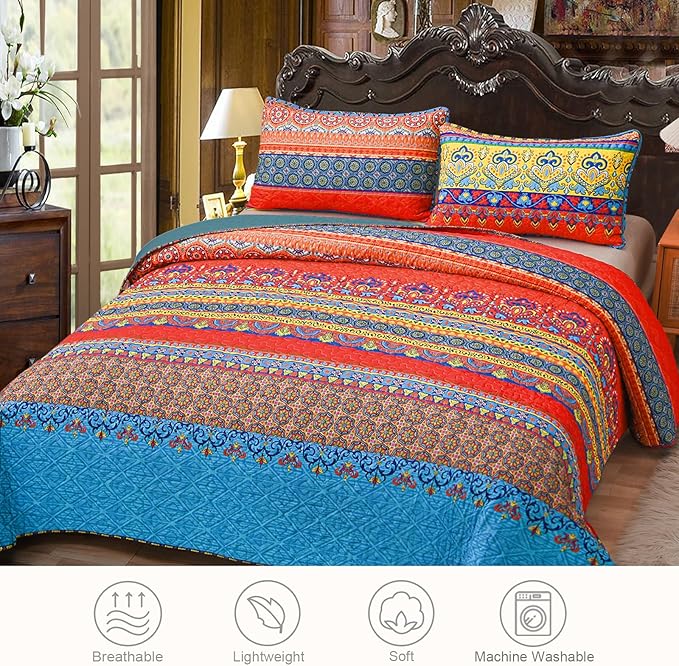 Exclusivo Mezcla Reversible Boho Quilts Twin Size, Blue Bedspreads Lightweight Coverlet All Season Bohemian Quilt Bedding Set with Printed Floral Pattern (1 Quilt, 1 Pillow Sham)
