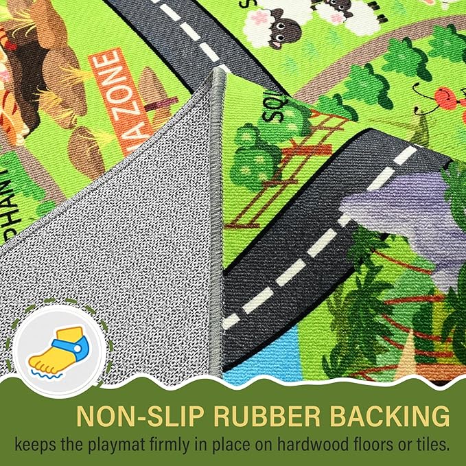 Zoo Adventure Kids Car Rug, Cute Animal Play Mat with Non-Slip Backing, Kids Carpet with Lions, Tigers & Giraffes for Educational and Fun Playtime, 60"x36"