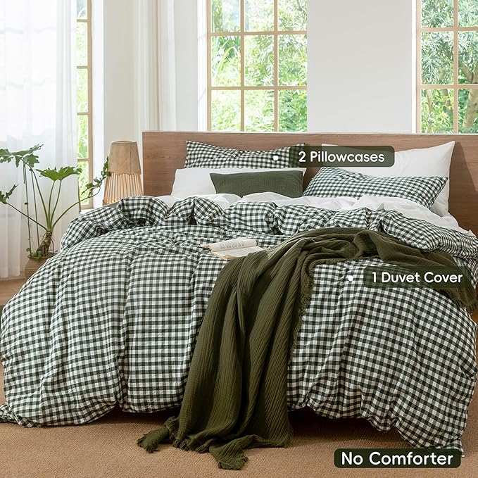 MooMee Gingham Duvet Cover Set 100% Washed Cotton Linen Like Textured Breathable Durable Soft Comfy Modern Checkered Design (Forest Green Gingham, Queen 90"x90")