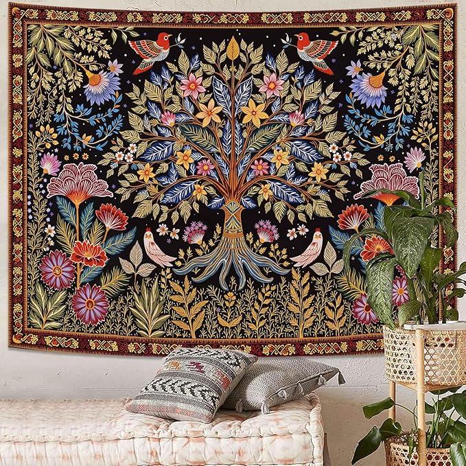 Lunerfex Tree of Life Wall Tapestry - Vibrant Folk Art & Botanical Wall Hanging for Bedroom and Living Room Decor - Boho Nature Tapestries 60"x44"