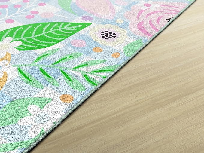 Flagship Carpets Schoolgirl Style Pretty in Pastel Floral On Gingham Educational Area Rug for Kids Room, Children's Classroom Rug for Teaching and Playroom, 7'6" X 12'