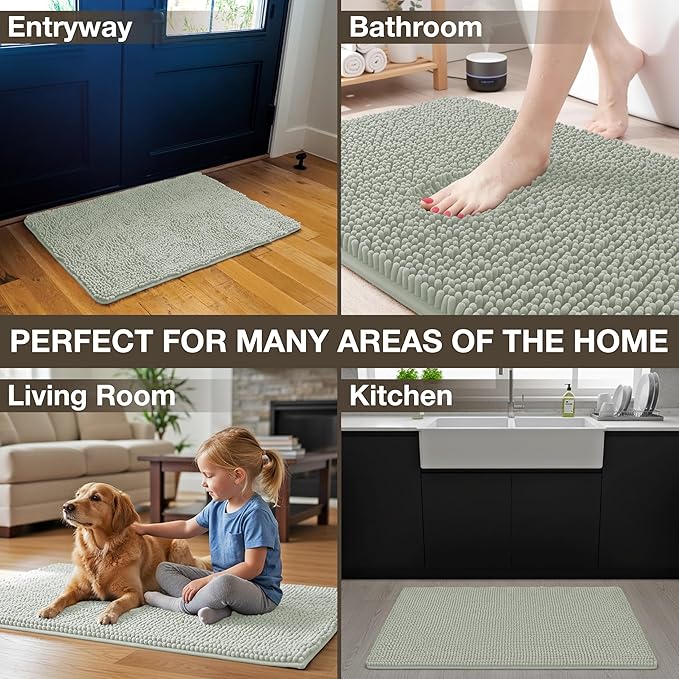 Neater Home Plush Bathroom Rugs 24x17 Thick Chenille Quick Dry Microfiber Absorbent Bath Mat, Soft Bath Rugs, Machine Washable Bathroom Floor Mat for Tub Shower Sink, Home Decor Accessories, Green